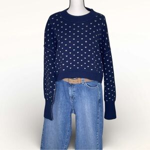 Free People Pattern Easy Street Cropped Navy Blue Cream Long Sleeved Sweater